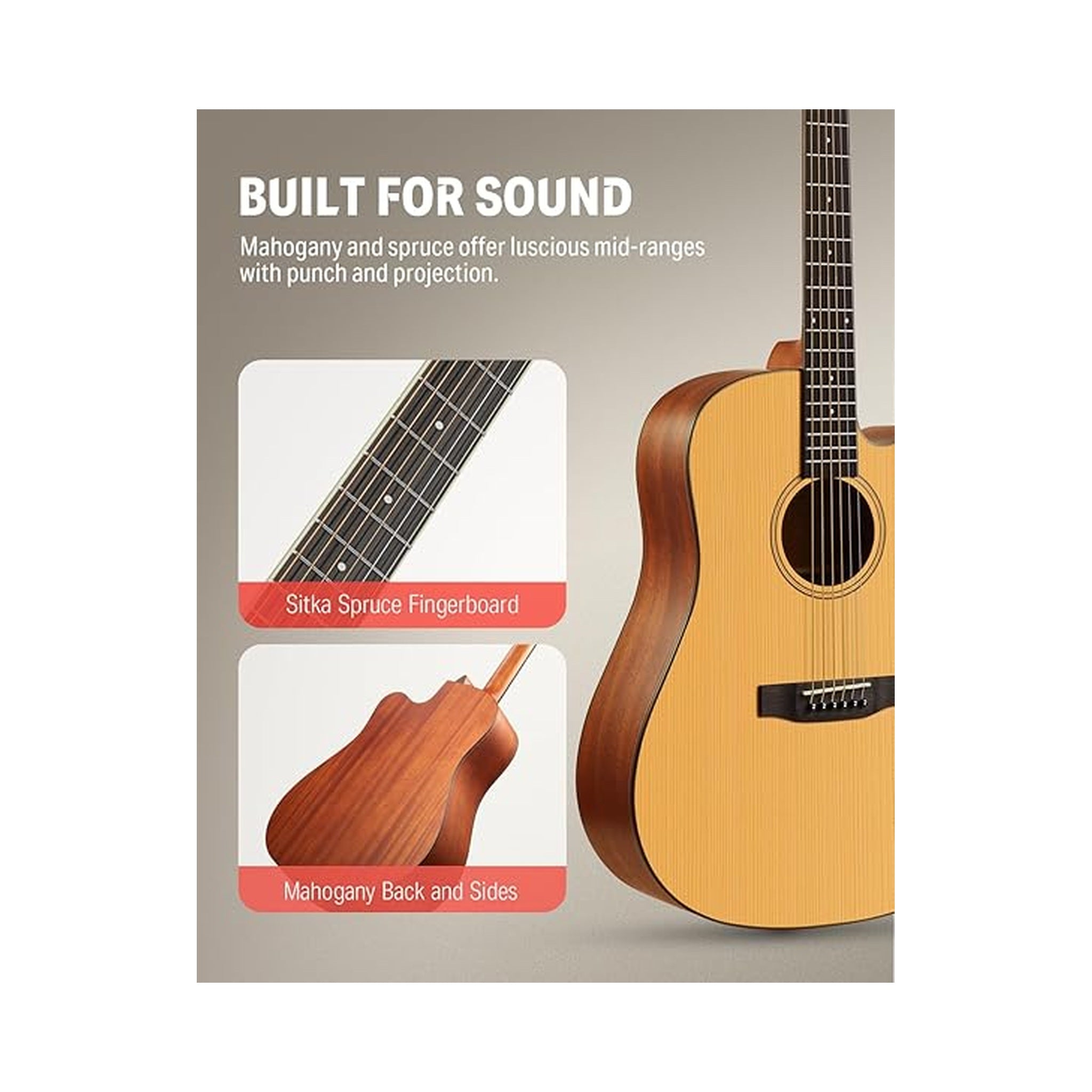 Guitarra acústica cutaway Donner DAD-140C EC1250 natural con kit — vista 3