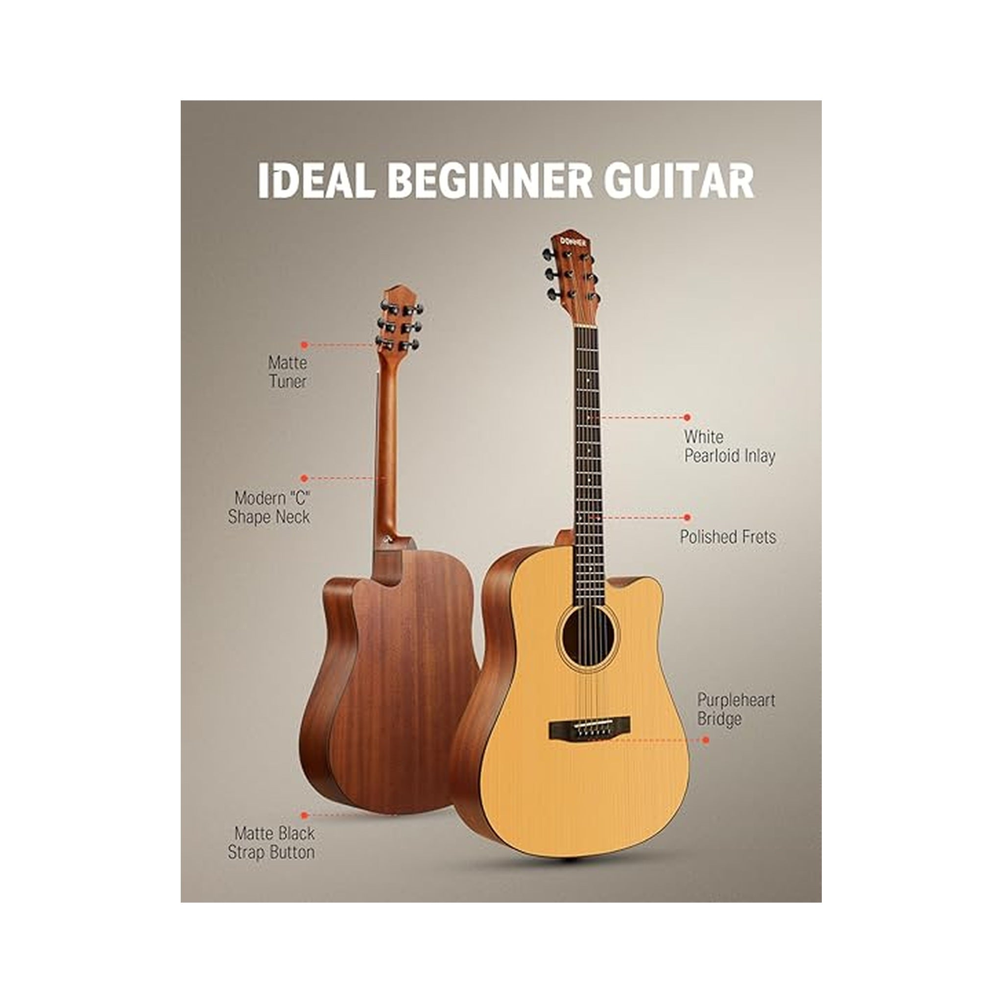 Guitarra acústica cutaway Donner DAD-140C EC1250 natural con kit — vista 4