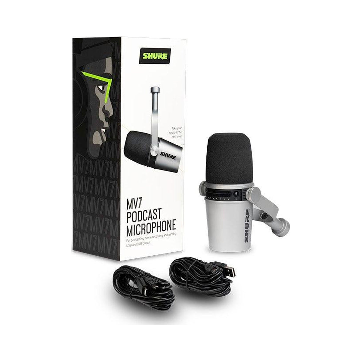 Micrófono dinámico Shure MV7-S MOTIV plateado con USB y XLR — vista 1