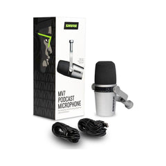 Micrófono dinámico Shure MV7-S MOTIV plateado con USB y XLR — vista 1