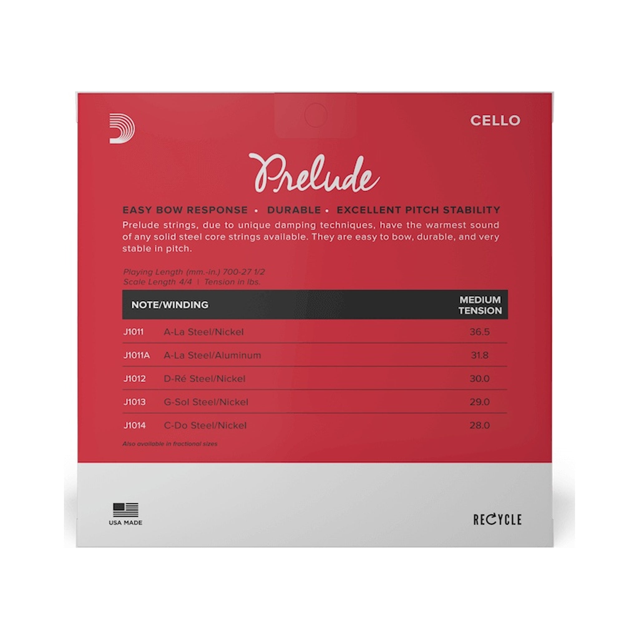 Cuerda para violonchelo D’Addario Prelude J1014 Do (C) de 4/4 tensión media — vista 2