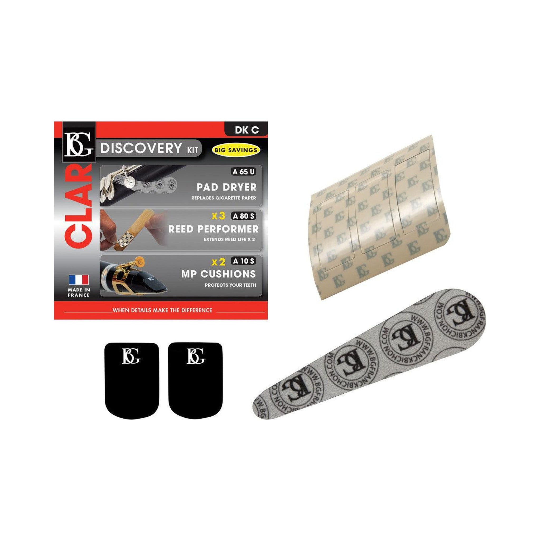 Kit de accesorios para clarinete BG DKC Discovery con secador y protectores — imagen real del producto