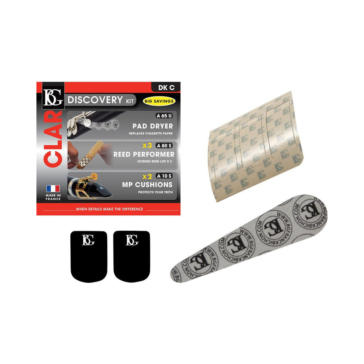 Kit de accesorios para clarinete BG DKC Discovery con secador y protectores — imagen real del producto