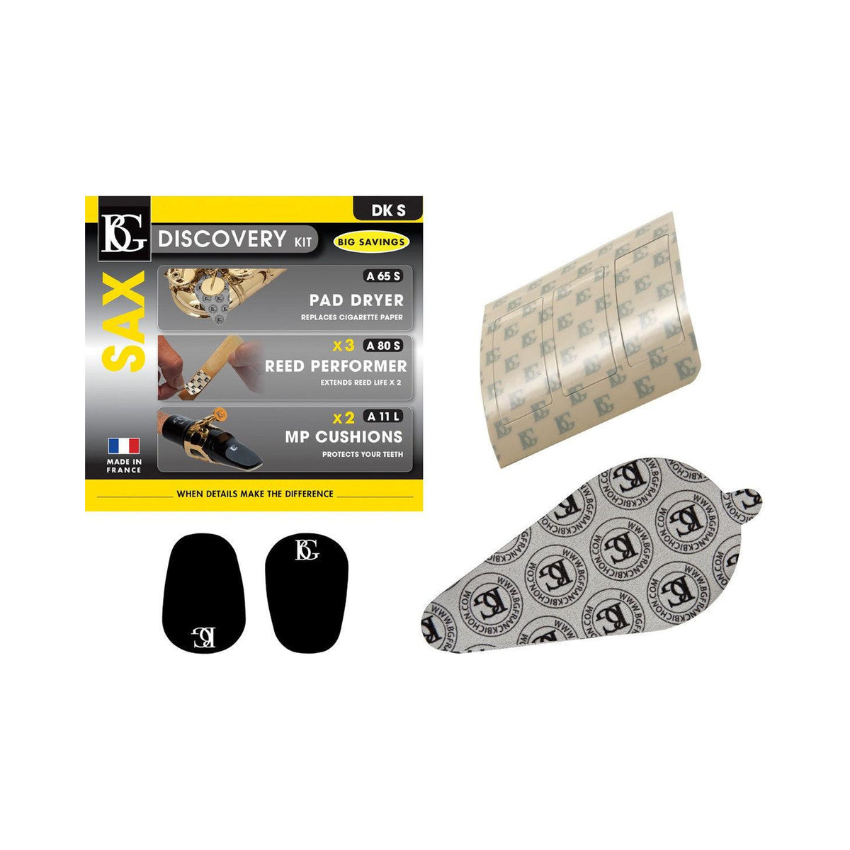 Kit de accesorios para saxofón BG DKS Discovery para cuidado y protección — imagen real del producto
